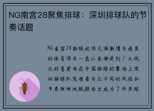NG南宫28聚焦排球：深圳排球队的节奏话题